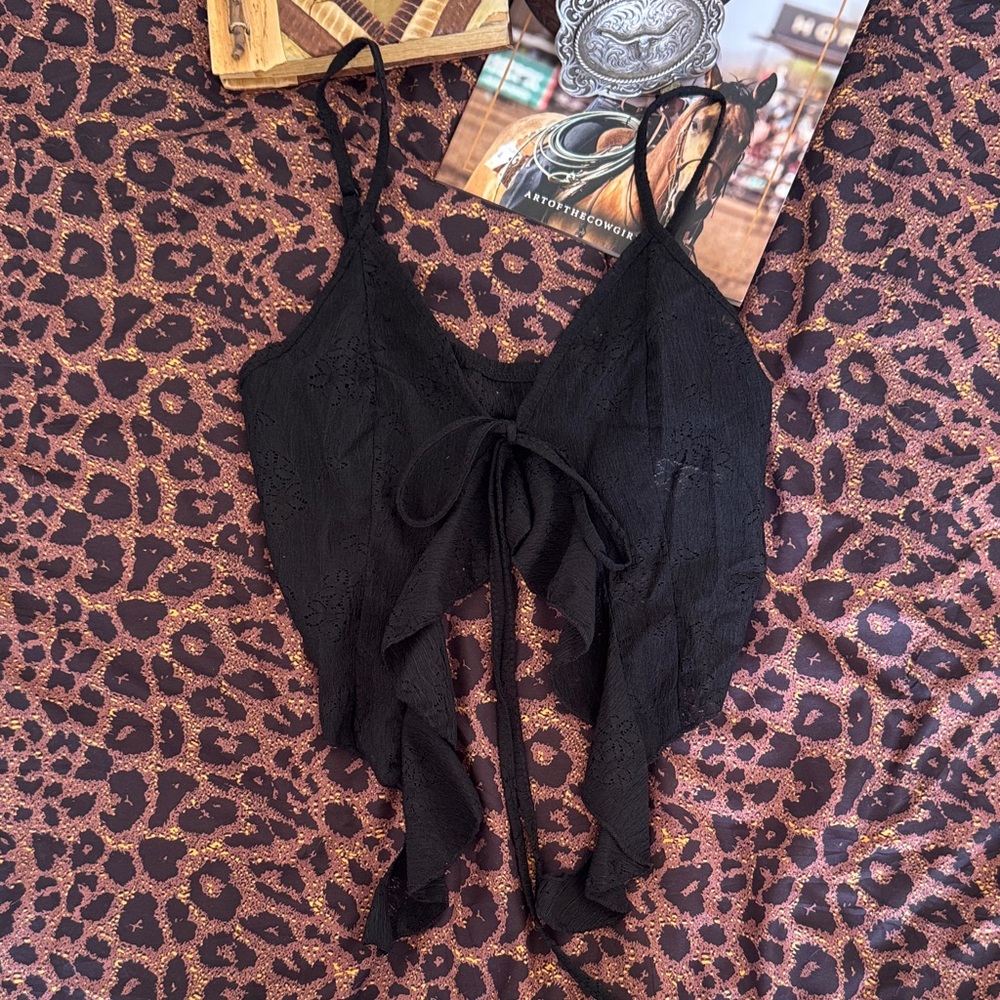 Black Lace Tie-Front Crop Top